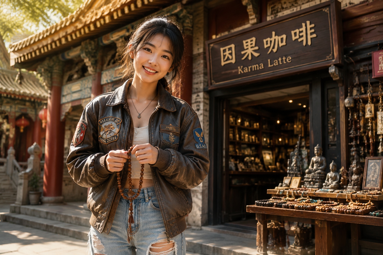 Young woman in fashionable casual wear holding prayer beads outside a temple coffee shop in Shanghai