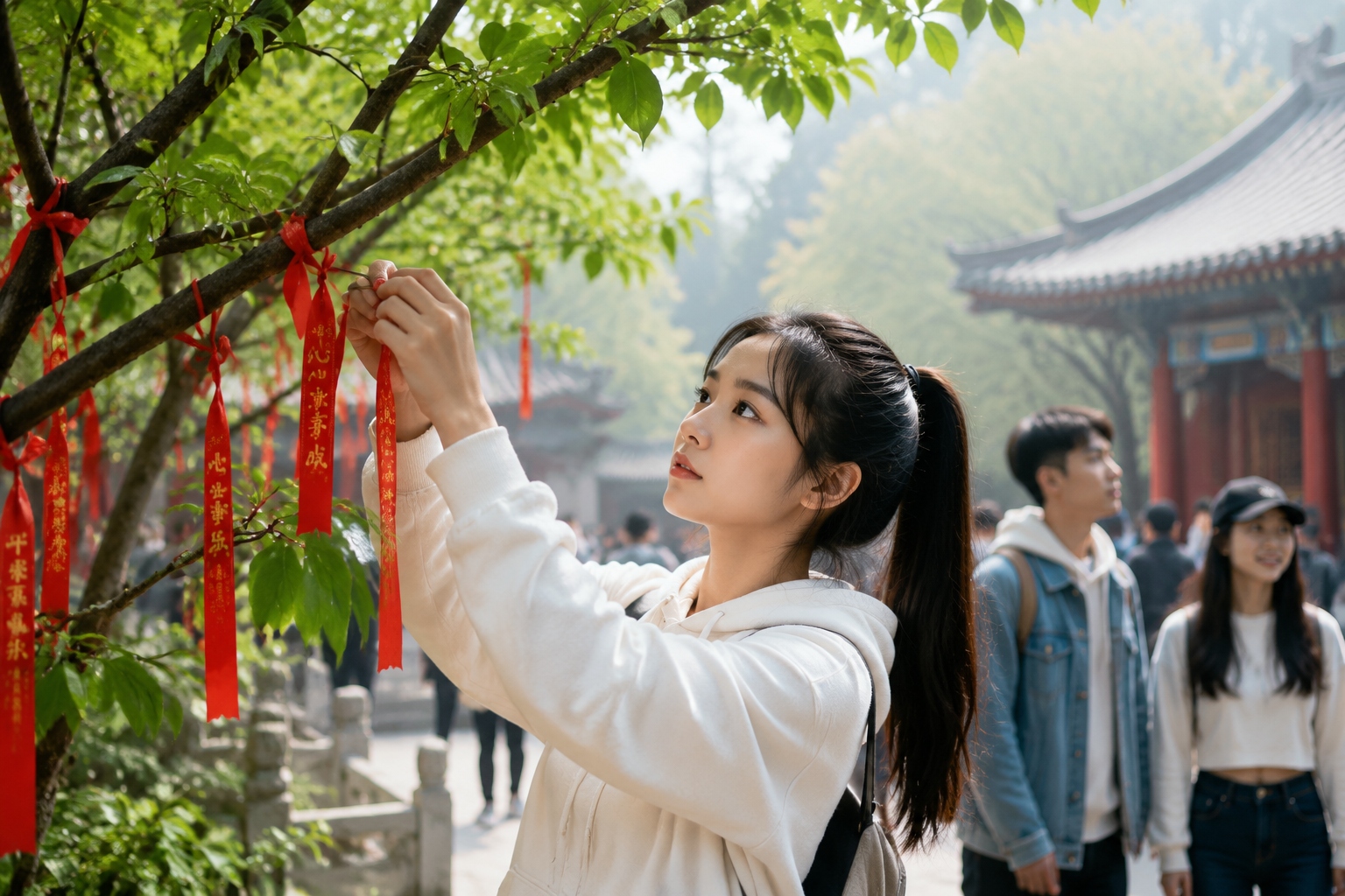 Young person tying a red prayer ribbon on a tree at a traditional Chinese temple