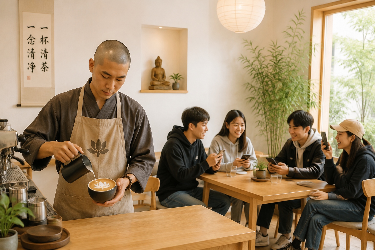 Minimalist temple cafe interior with young customers in trendy clothes enjoying coffee with lotus art