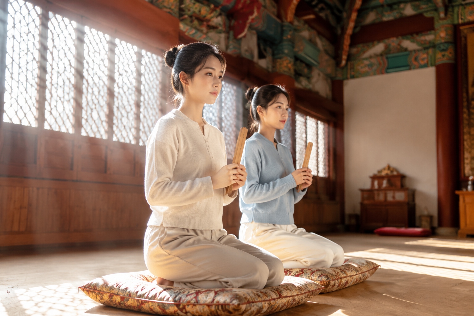 Two young women kneeling in prayer inside a traditional Chinese temple hall