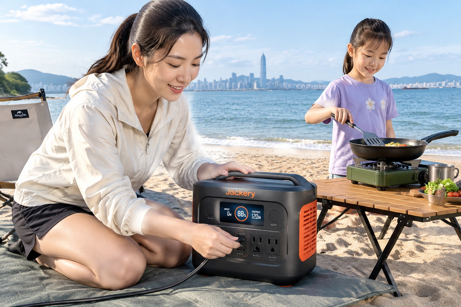 The Ultimate Guide to Chinese Portable Power Stations: Jackery, EcoFlow, and Beyond 22 Woman connecting a cable to a Chinese portable power station on a beach campsite in Shenzhen