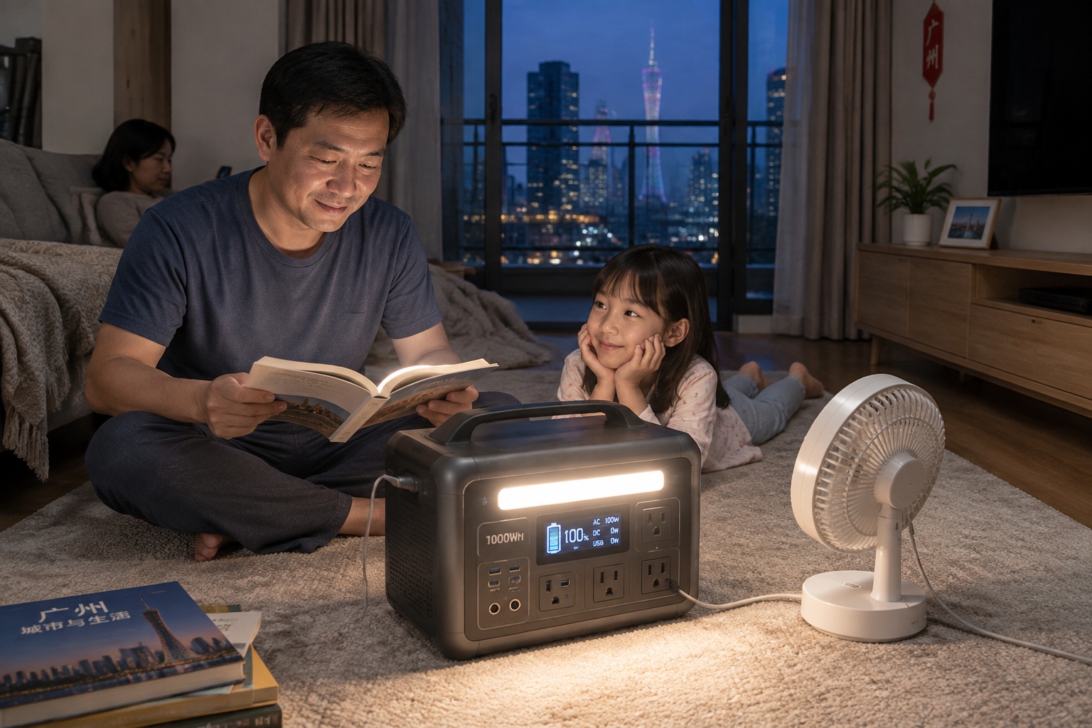 The Ultimate Guide to Chinese Portable Power Stations: Jackery, EcoFlow, and Beyond 23 Family in a Chinese apartment using a portable power station for an LED lamp and fan during a power outage