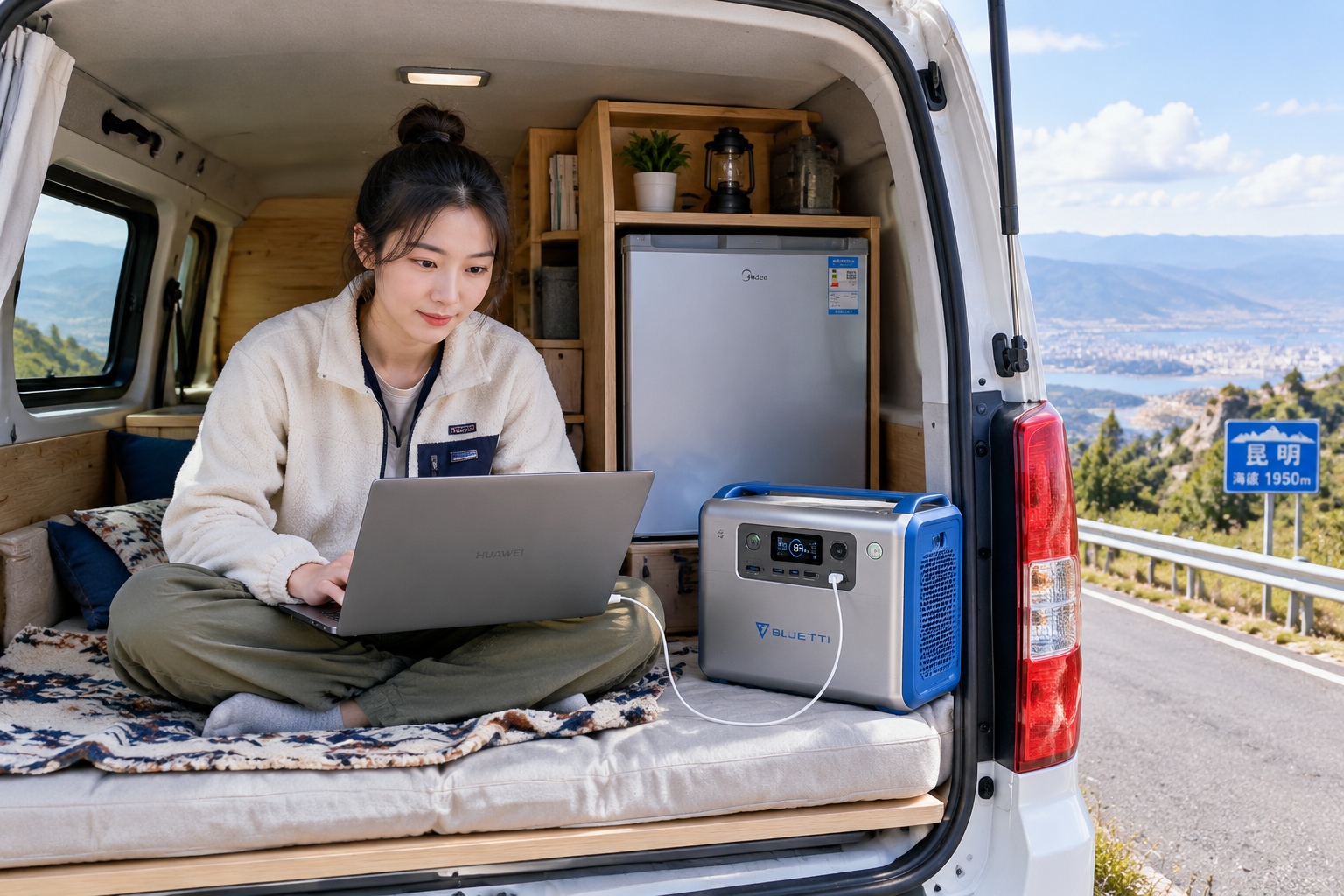 The Ultimate Guide to Chinese Portable Power Stations: Jackery, EcoFlow, and Beyond 24 Van lifer in China charging a laptop and fridge from a portable power station