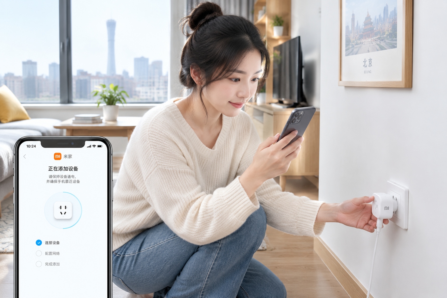 Setting up a Xiaomi smart plug with a smartphone in a Beijing apartment