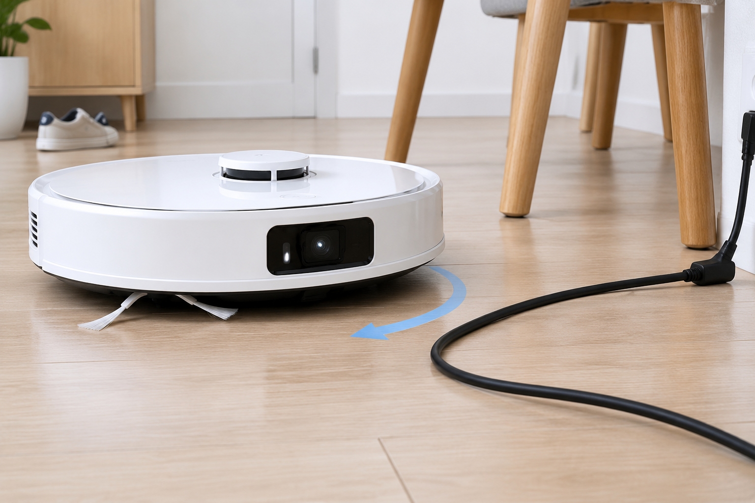 Robot vacuum navigating around a loose cable on a wood floor during an obstacle avoidance test