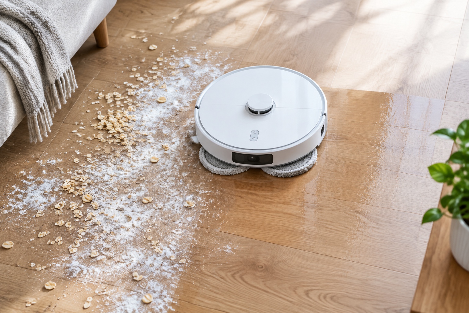 Dreame robot vacuum mopping hard floor with spinning pads cleaning flour and oatmeal
