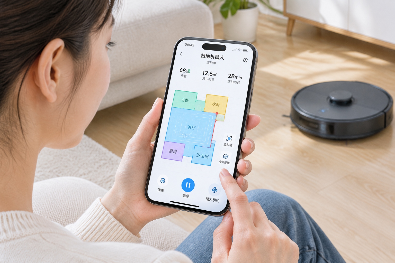 Smartphone app displaying robot vacuum map with virtual zones and cleaning schedule