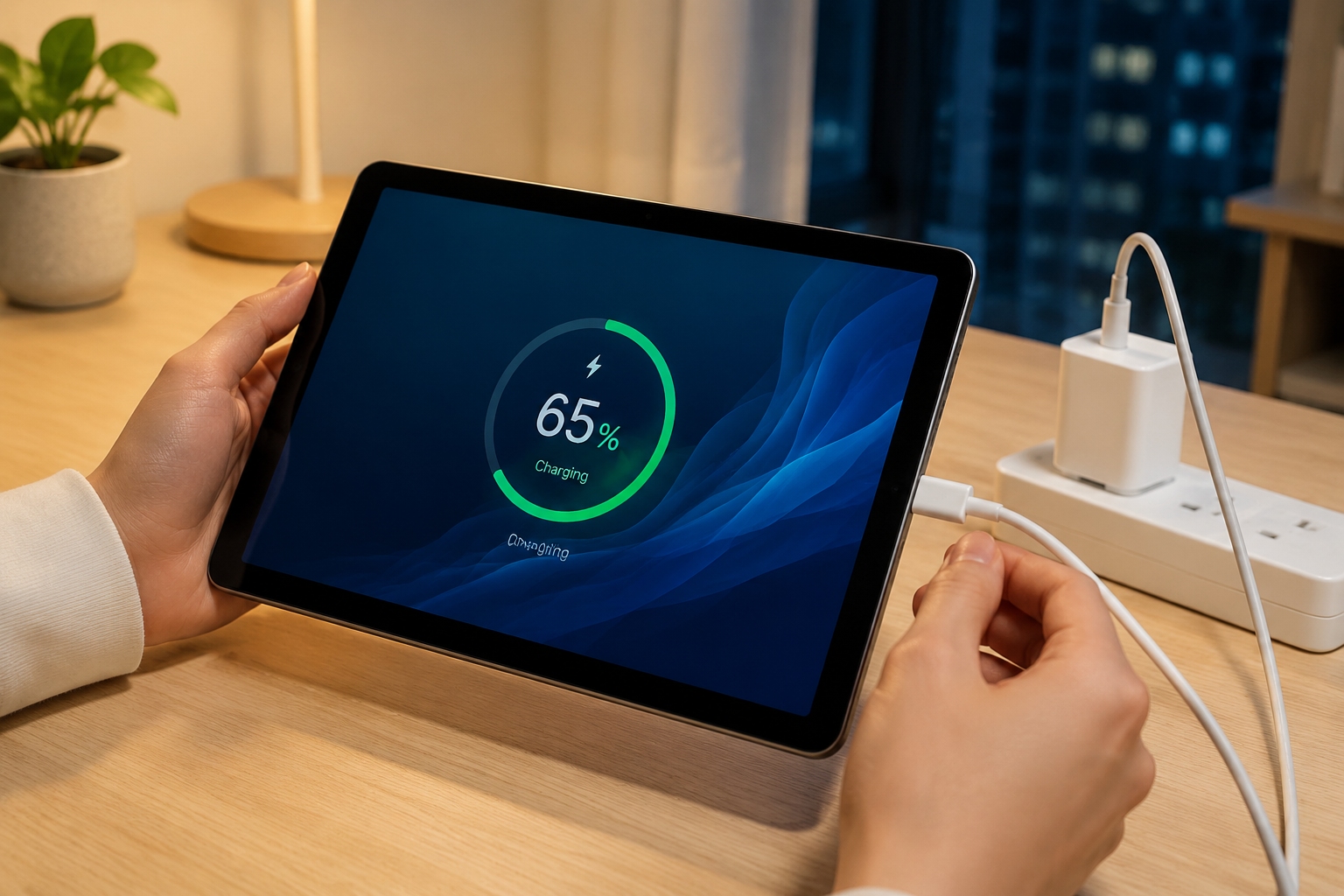 Budget Chinese tablet charging via USB-C with battery on screen