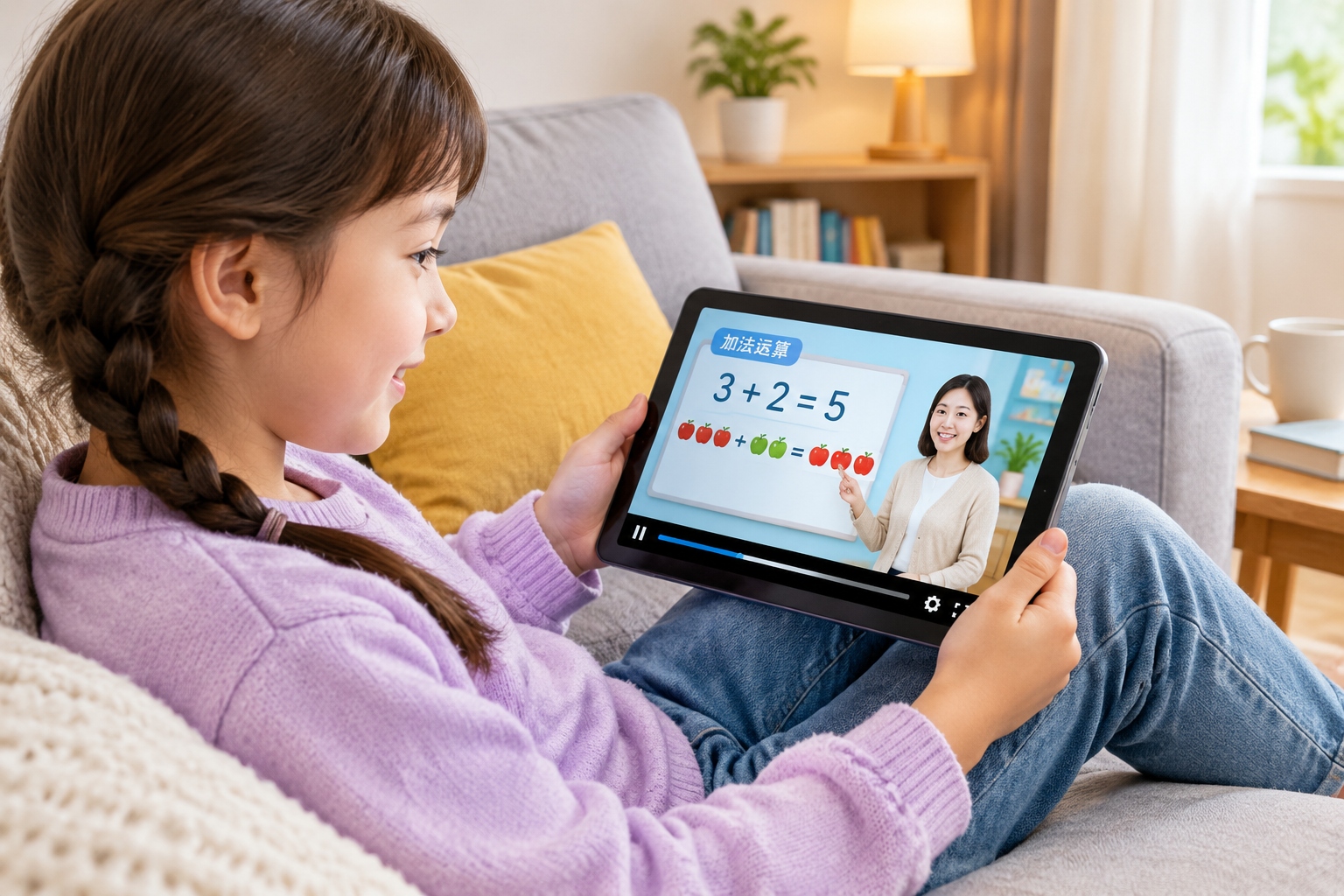 Child using a cheap Chinese tablet for educational videos at home