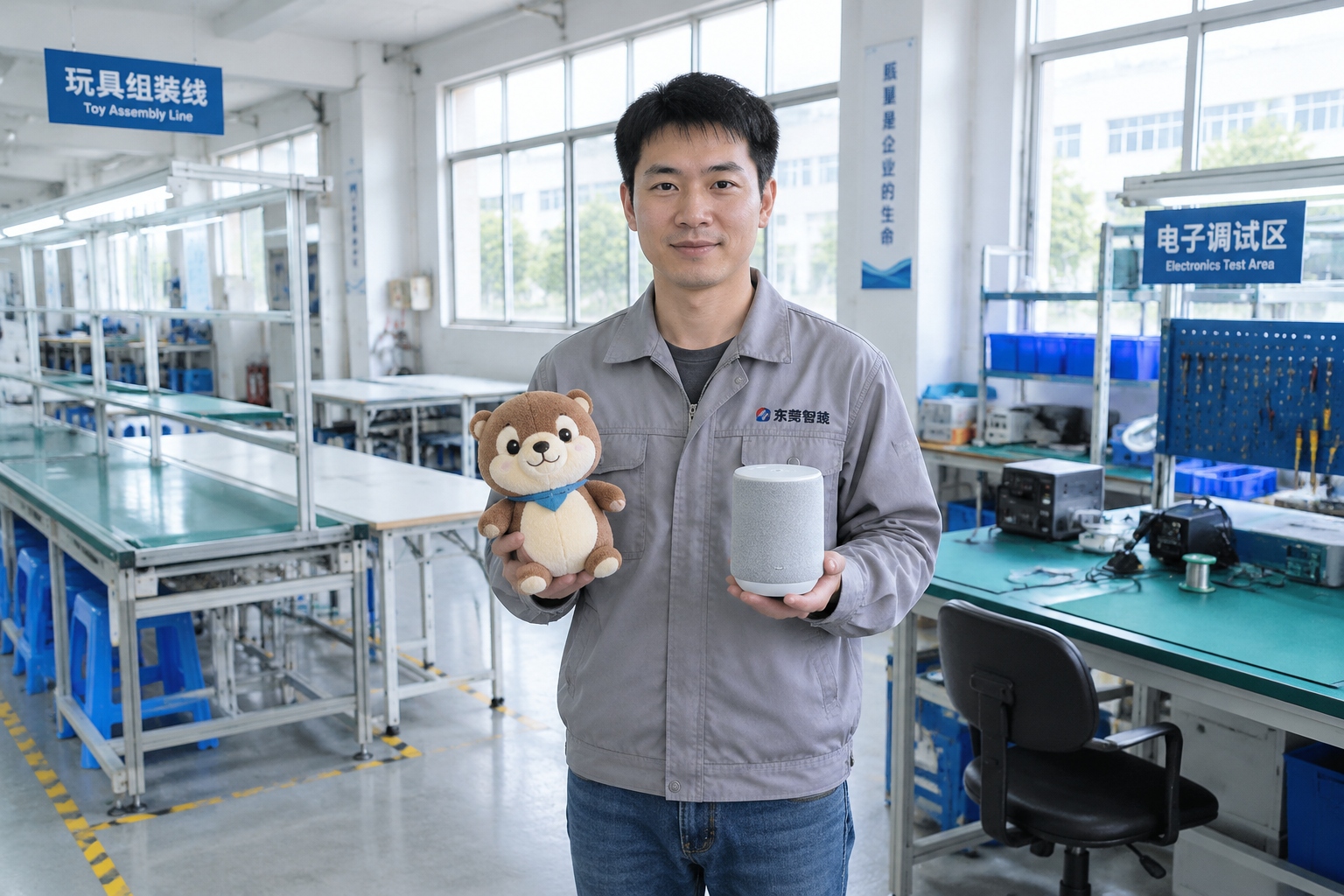 Supervisor holding a plush toy and a smart speaker prototype on a factory floor in Dongguan, China