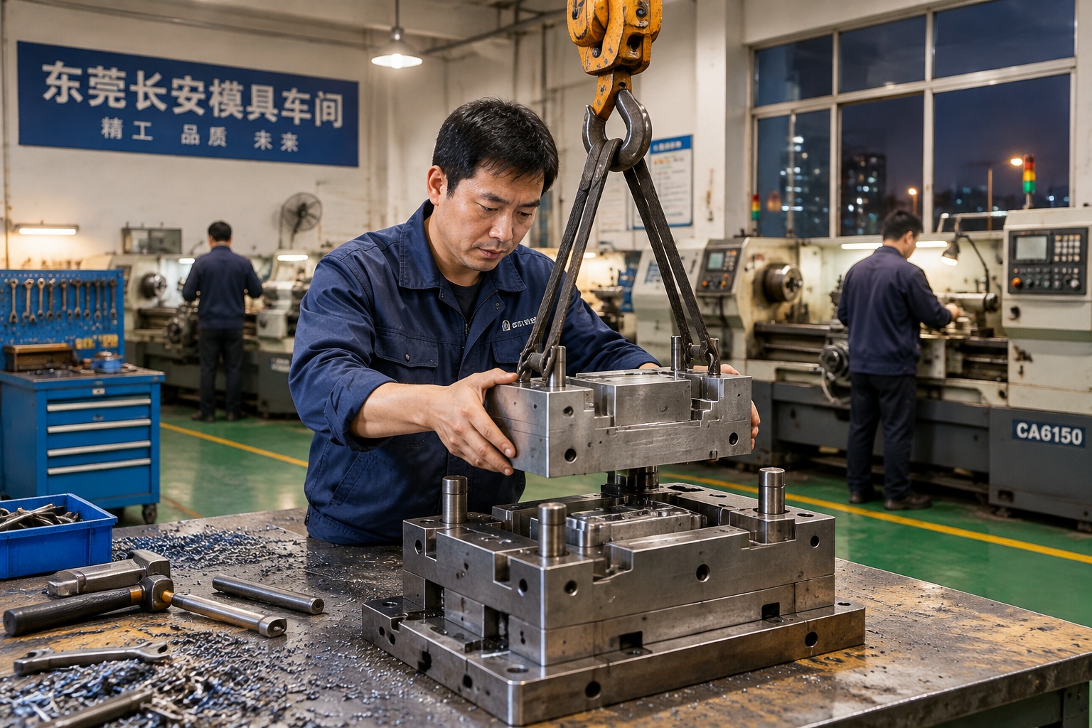 Machinist fitting a newly cut steel mold insert into a mold base during a night shift at a Dongguan tooling workshop