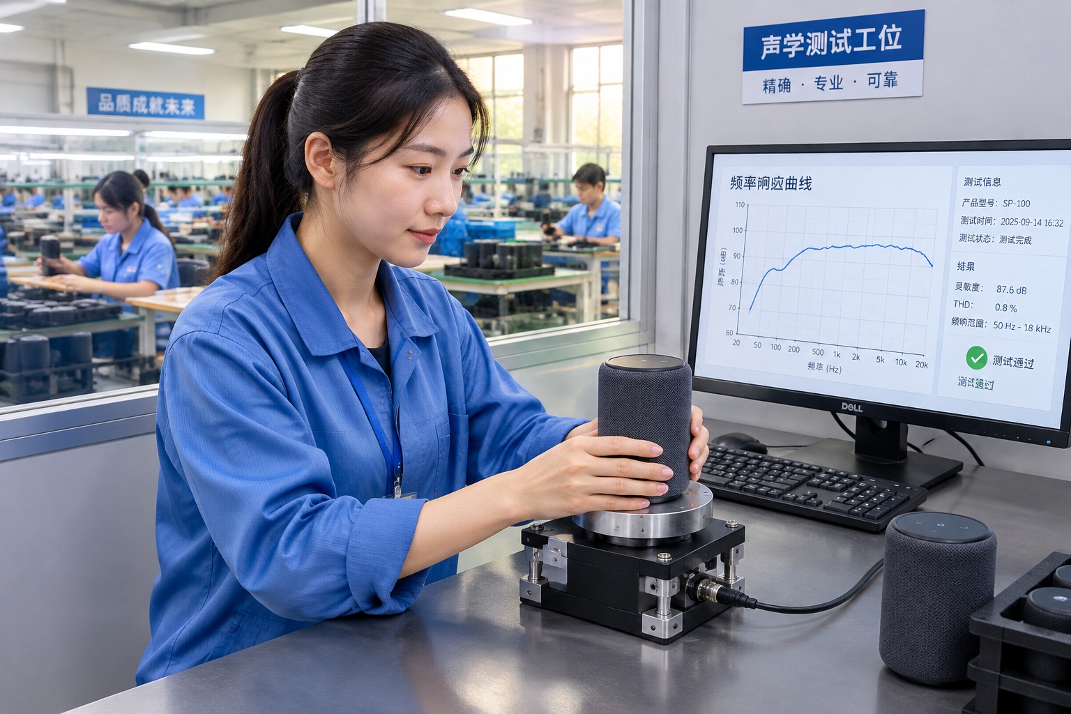 Worker testing a smart speaker at an acoustic testing station on a Chinese assembly line