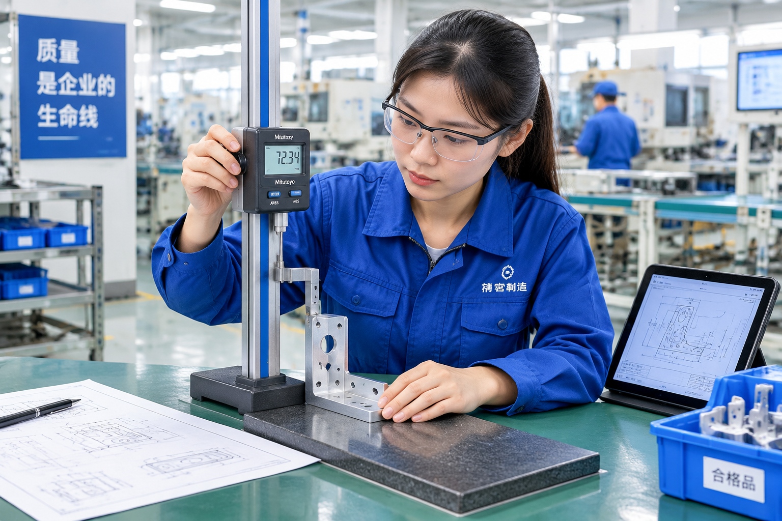 Quality control technician measuring machined parts with digital height gauge in an ISO-certified Chinese factory