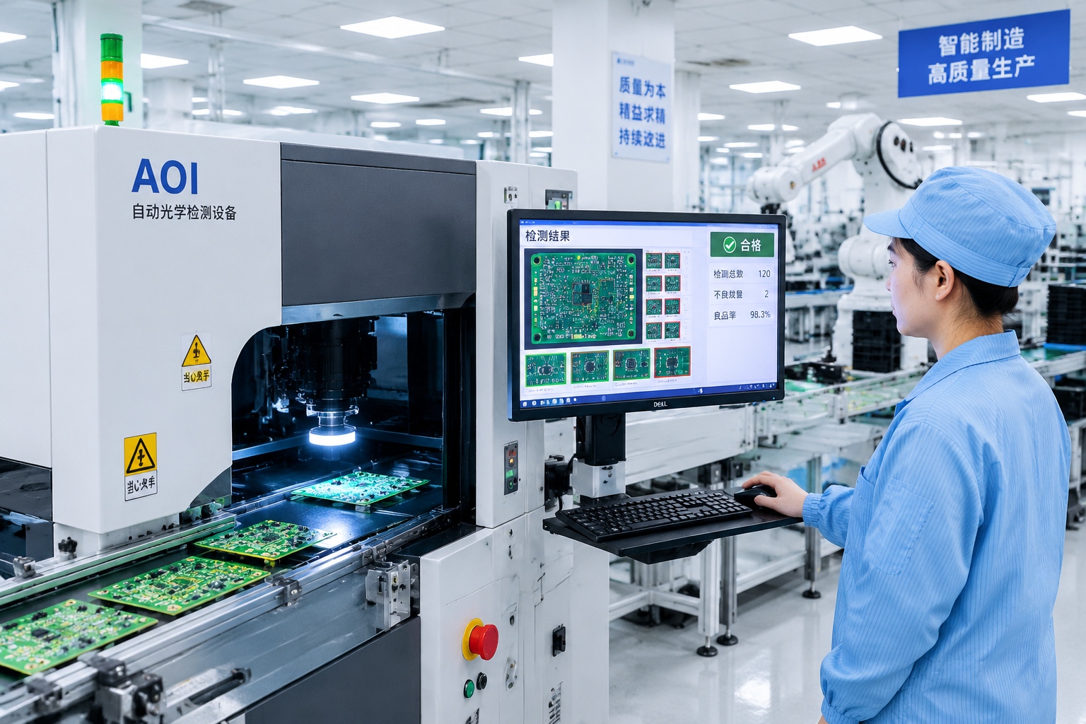 Automated optical inspection machine scanning circuit boards on a conveyor belt in a Chinese electronics production facility