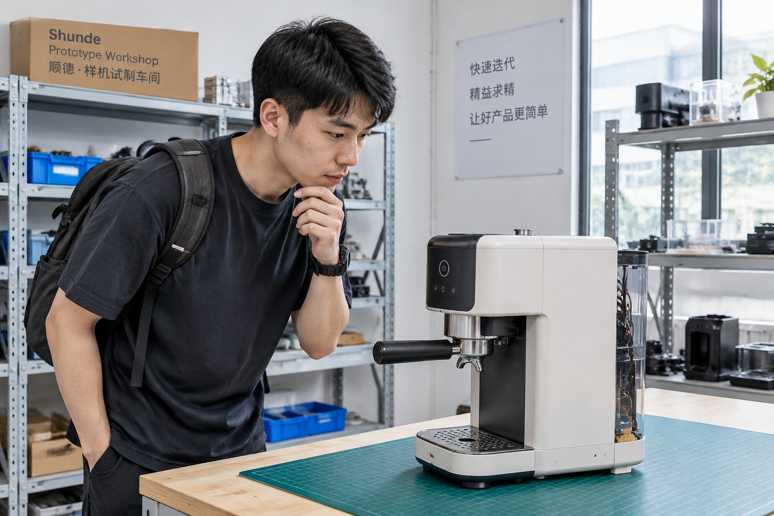 A product designer in Shunde, Guangdong, checks a new prototype made from parts sourced from nearby factories