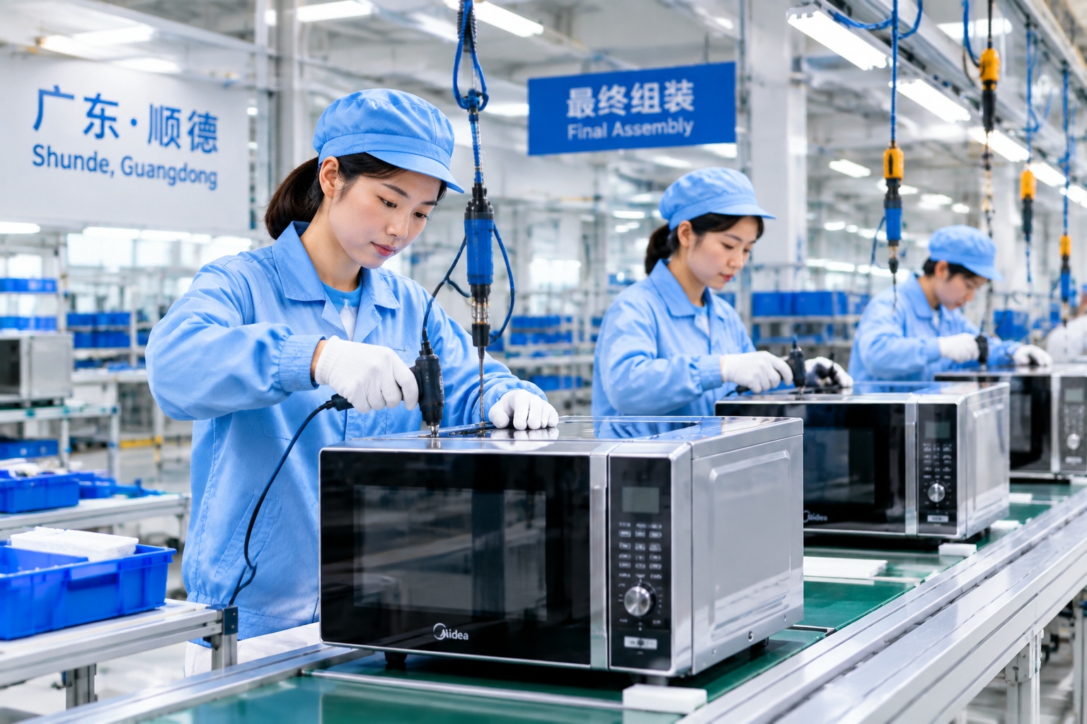 Workers assemble microwave ovens on a production line at a household appliance factory in Shunde, Guangdong