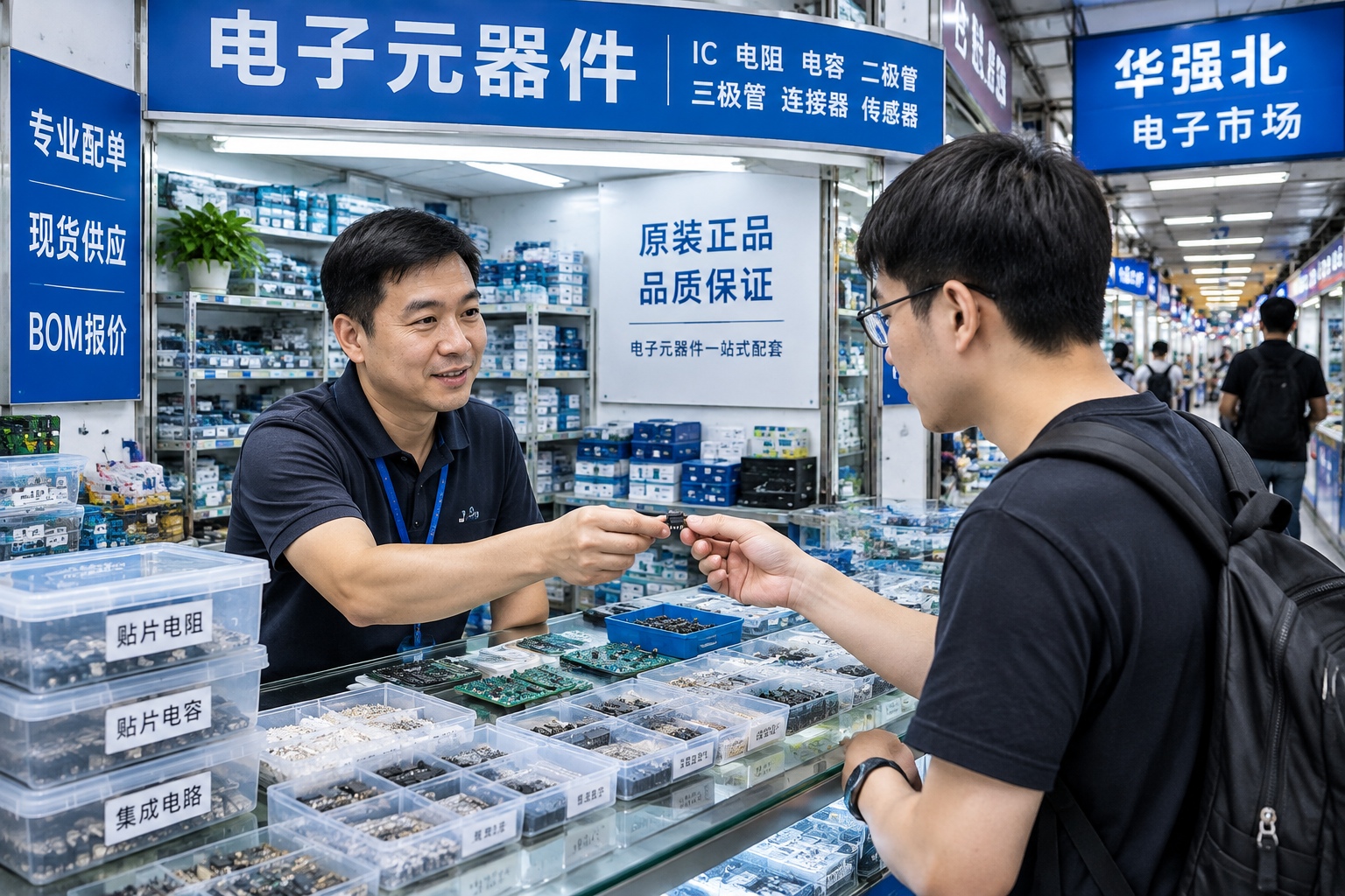 Customers inspect circuit boards and components at a busy electronics parts market in Shenzhen, Guangdong