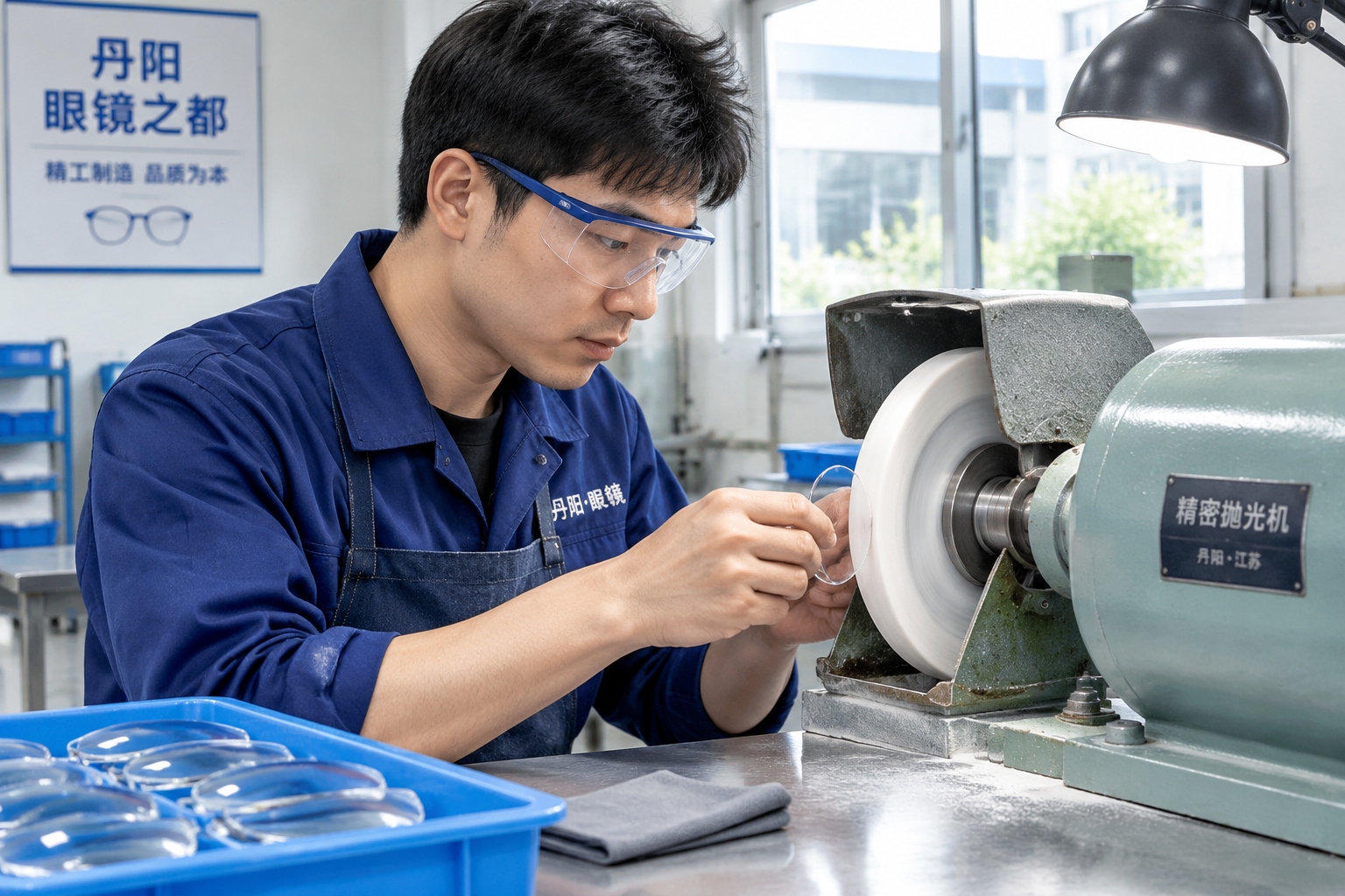 A worker polishes eyeglass lenses in an optical production facility in Danyang, Jiangsu, China