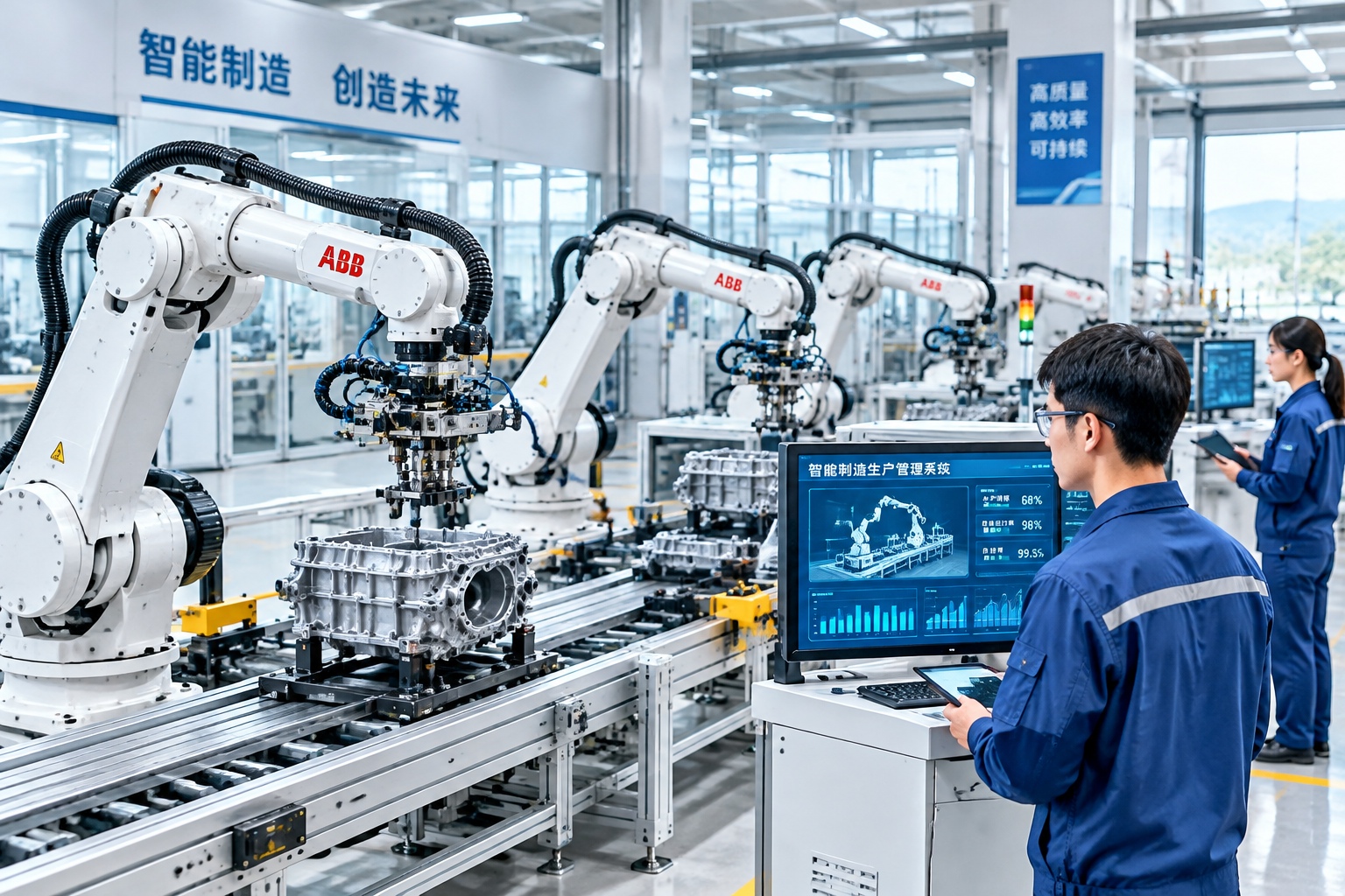 A robotic assembly line operates inside a smart manufacturing factory in southern China