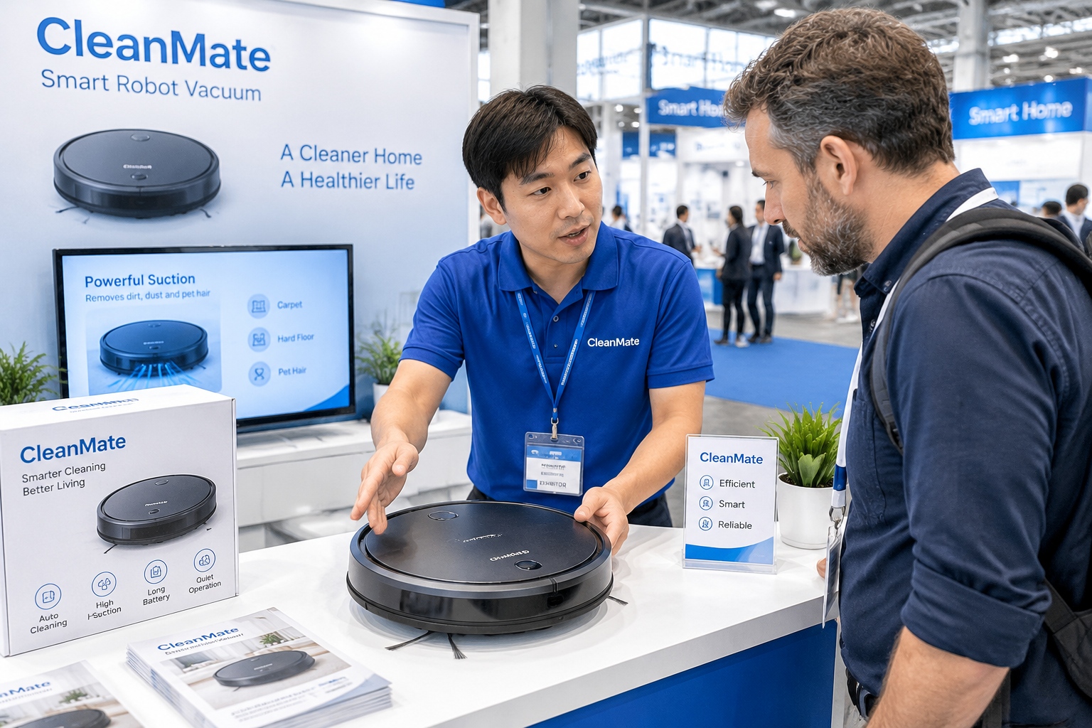 From OEM to Brand: How Chinese Manufacturers Are Building Their Own Labels 22 Chinese manufacturer presenting its own brand robot vacuum to a foreign buyer at an electronics trade fair