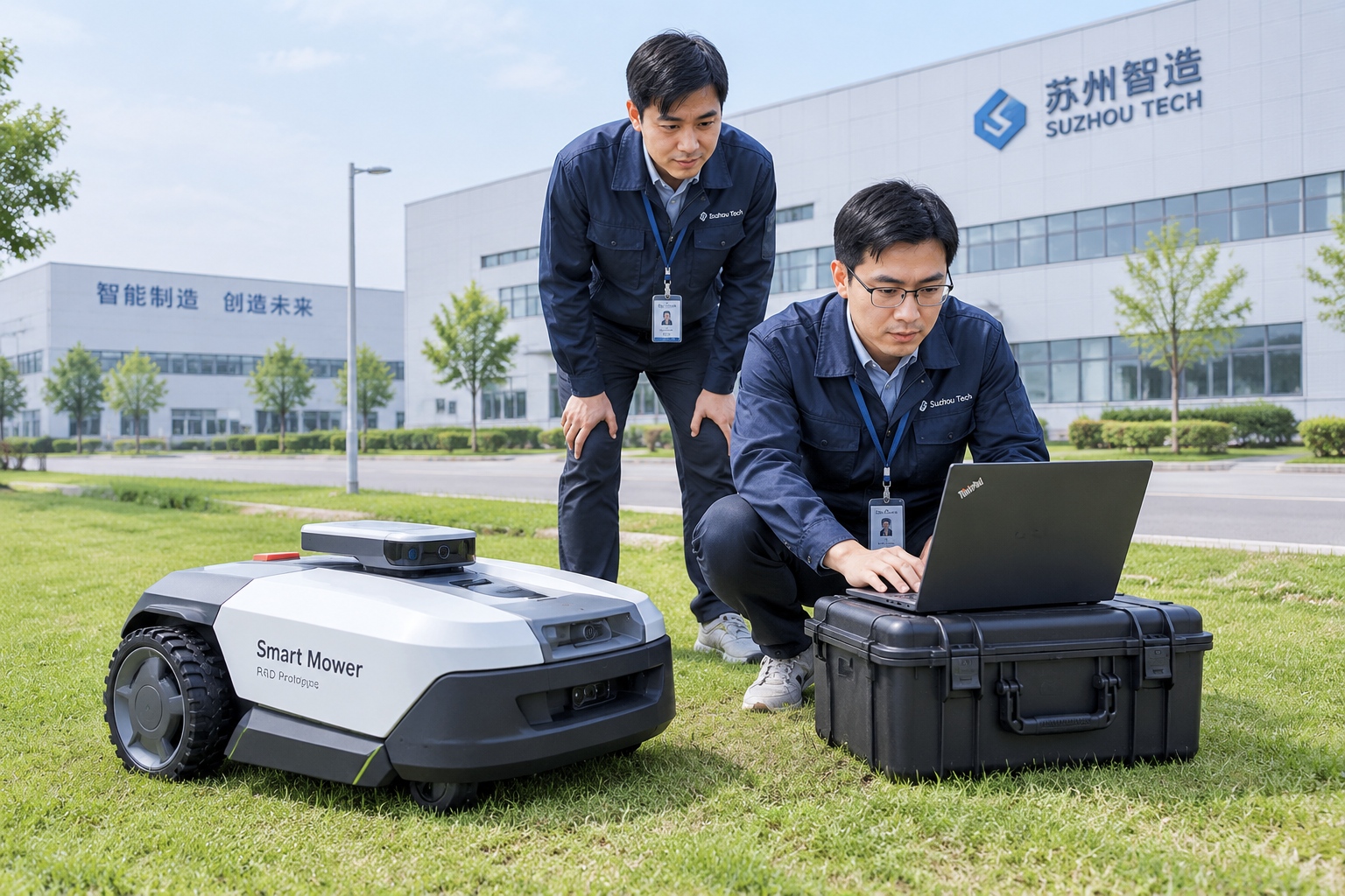 From OEM to Brand: How Chinese Manufacturers Are Building Their Own Labels 23 Engineer testing a robotic mower prototype on a lawn outside a factory in Suzhou, China