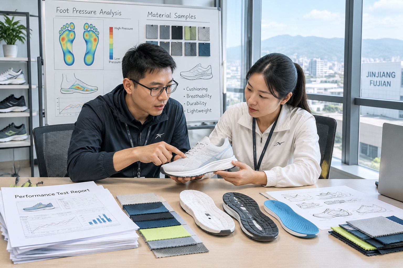 From OEM to Brand: How Chinese Manufacturers Are Building Their Own Labels 24 Sportswear product developers testing shoe prototypes and materials in a Jinjiang laboratory in Fujian