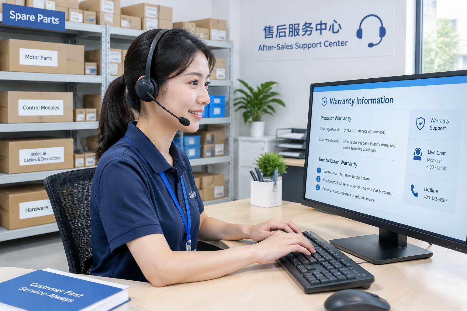From OEM to Brand: How Chinese Manufacturers Are Building Their Own Labels 25 Chinese customer service agent handling after-sales warranty support with spare parts in the background