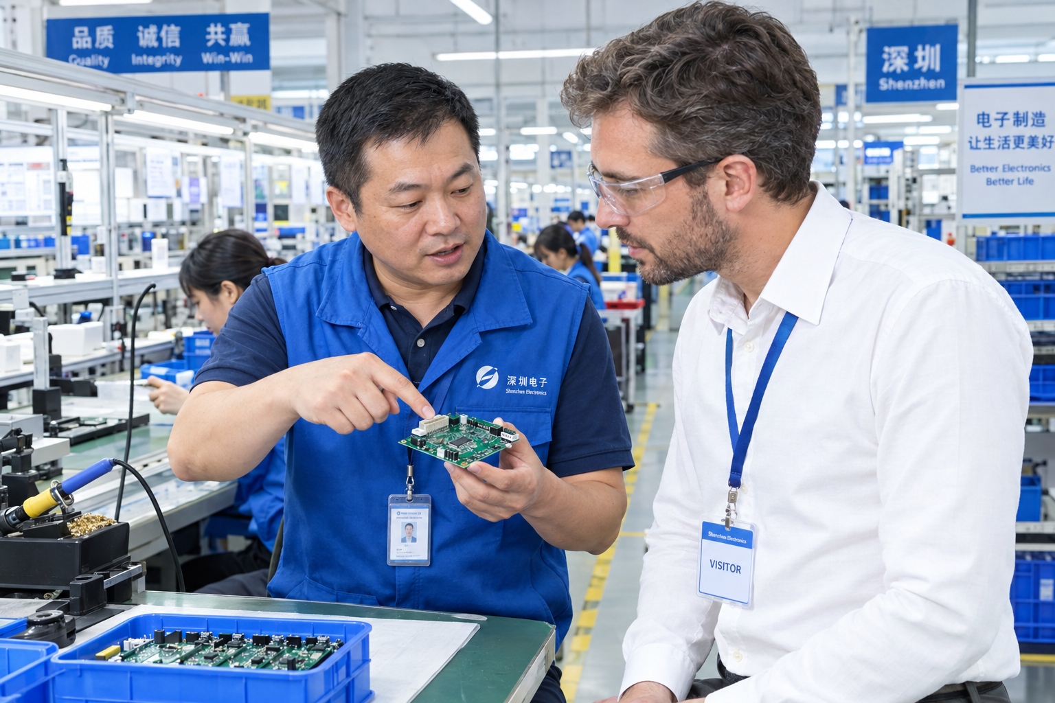 Engineer showing a prototype control board to an international buyer in a Shenzhen electronics factory while component shelves line the background
