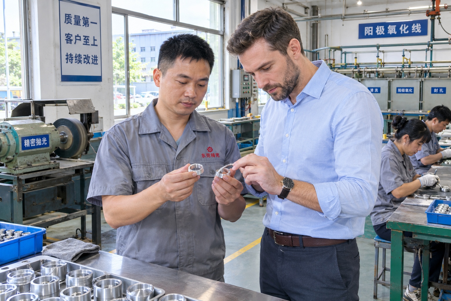 Technician presenting two small precision aluminum parts to a European buyer inside a Dongguan metal finishing workshop