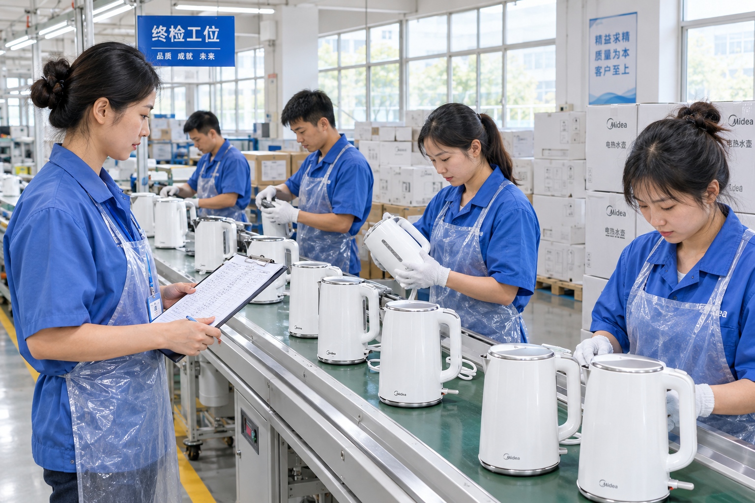 Workers inspecting electric kettles on a Foshan small appliance assembly line while a quality supervisor checks handwritten production charts