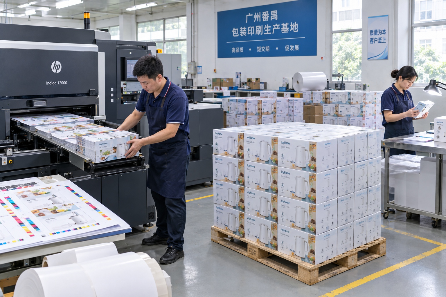 Print operator pulling short-run retail product boxes from a digital press at a packaging factory in Panyu, Guangzhou