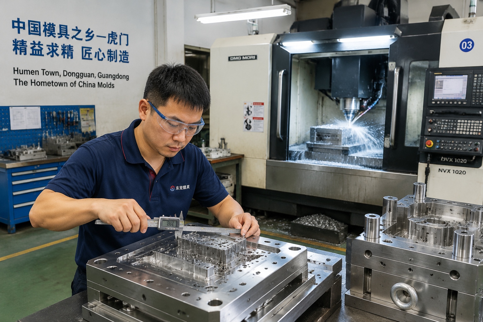 Mold maker measuring a finished steel mold with digital caliper in a Humen tooling workshop while a CNC machine cuts another mold in the background