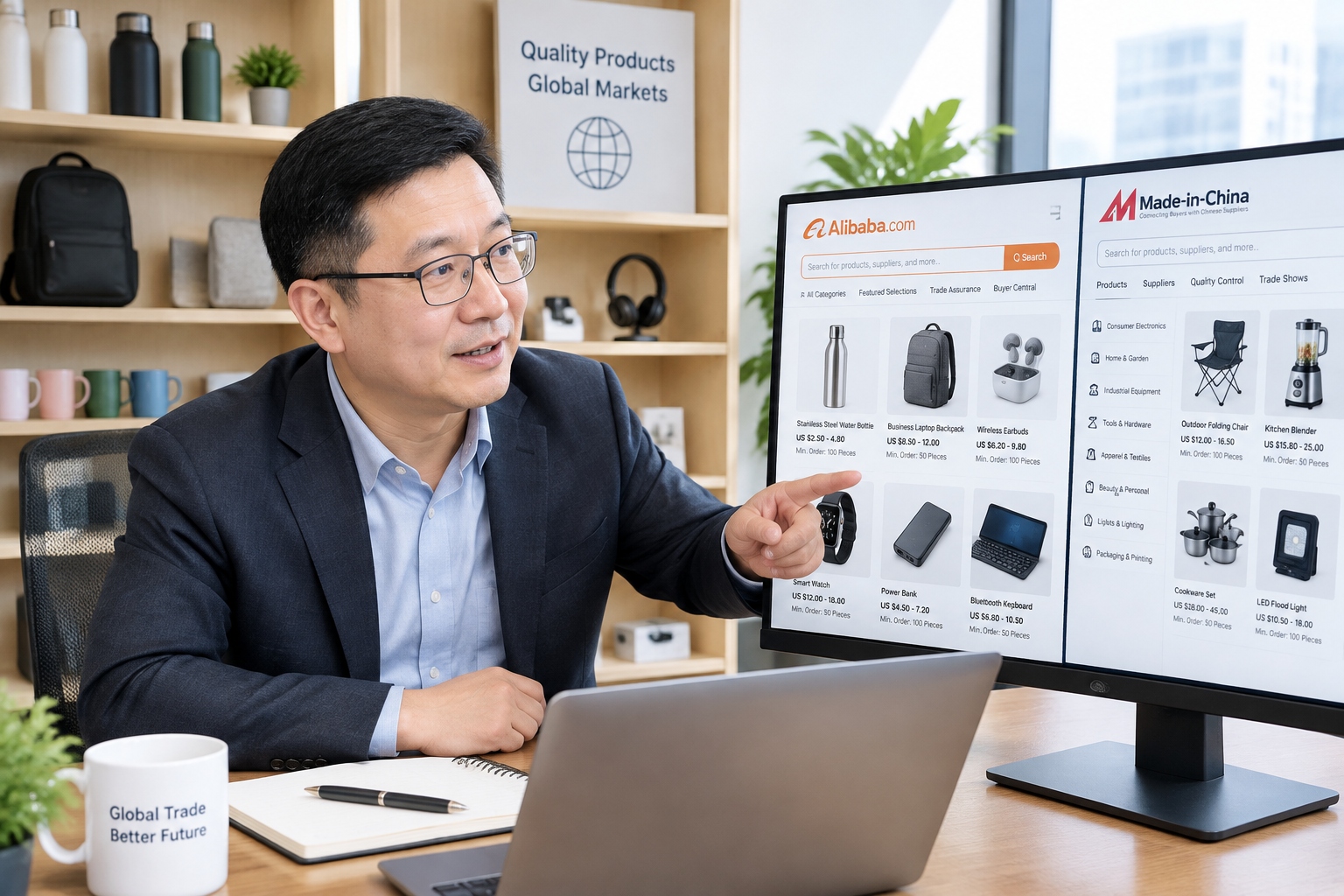 A Chinese export manager points to a screen showing B2B wholesale listings on Alibaba.com and Made-in-China.