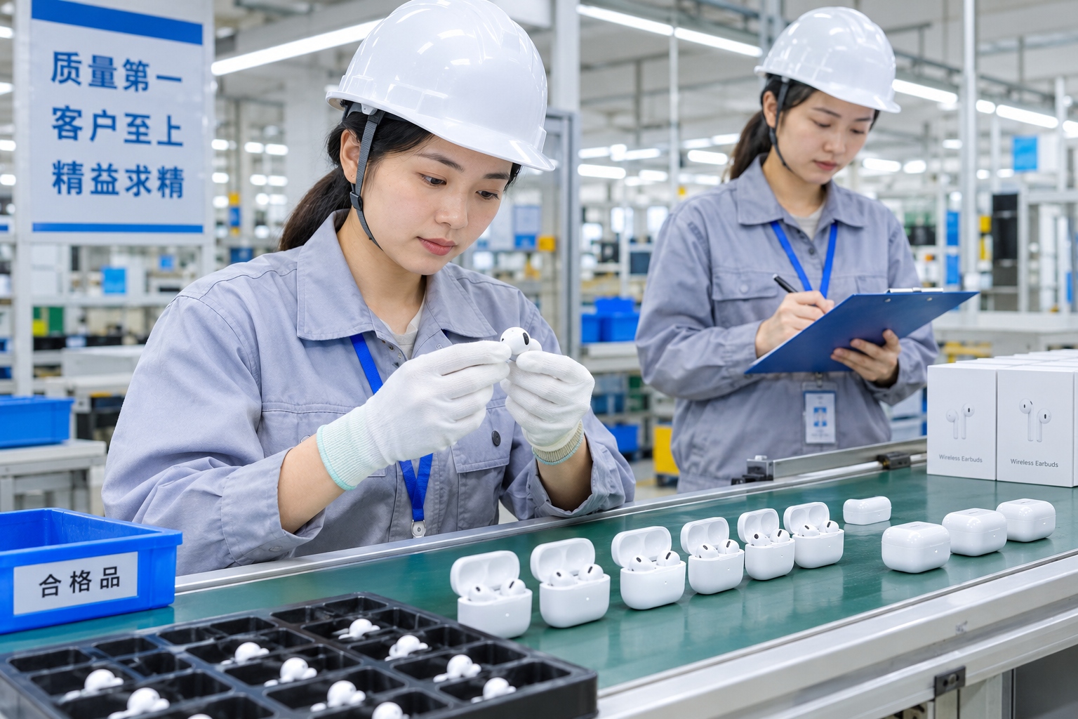 A quality inspector in a Chinese factory checks wireless earbuds on a production line before shipment.