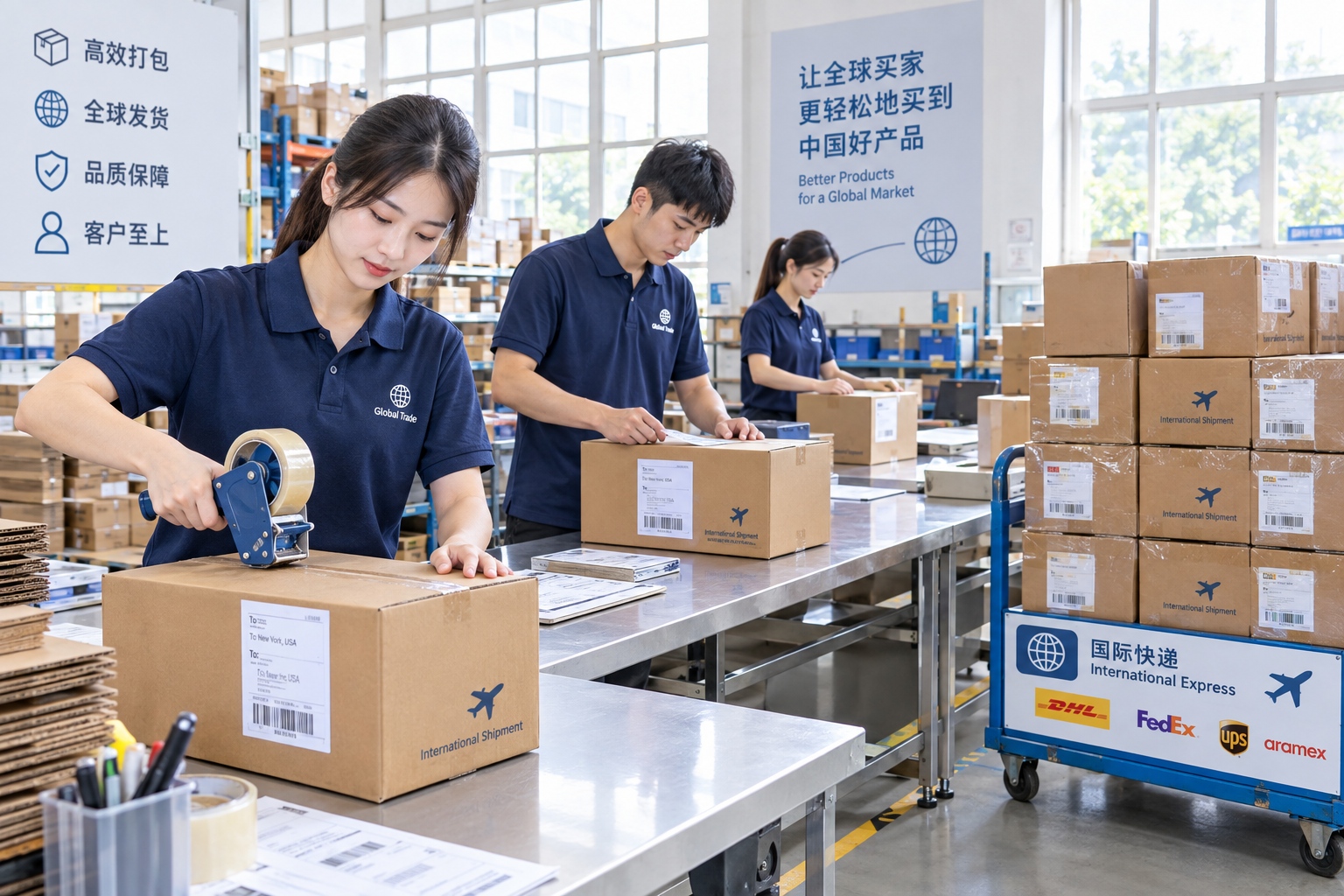 Workers in a Chinese warehouse pack and label cartons destined for international shipping.