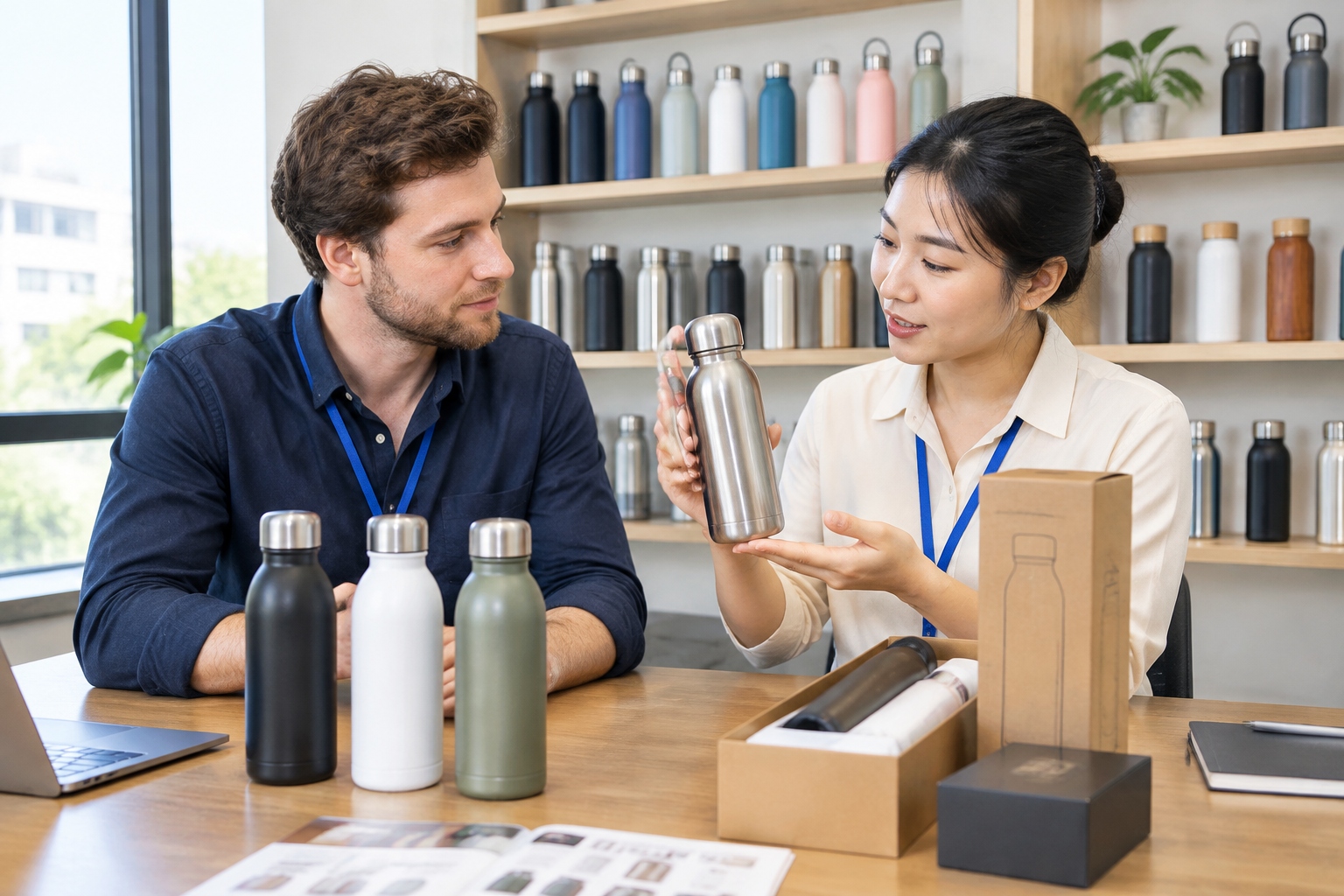 The Art of Negotiation with Chinese Suppliers: A Practical Guide for International Buyers 22 Chinese supplier showing product samples and packaging options to an international buyer in a factory sample room