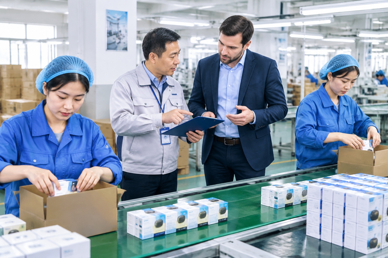 The Art of Negotiation with Chinese Suppliers: A Practical Guide for International Buyers 23 Workers packing goods on a Chinese factory production line while a buyer and manager discuss order quantity