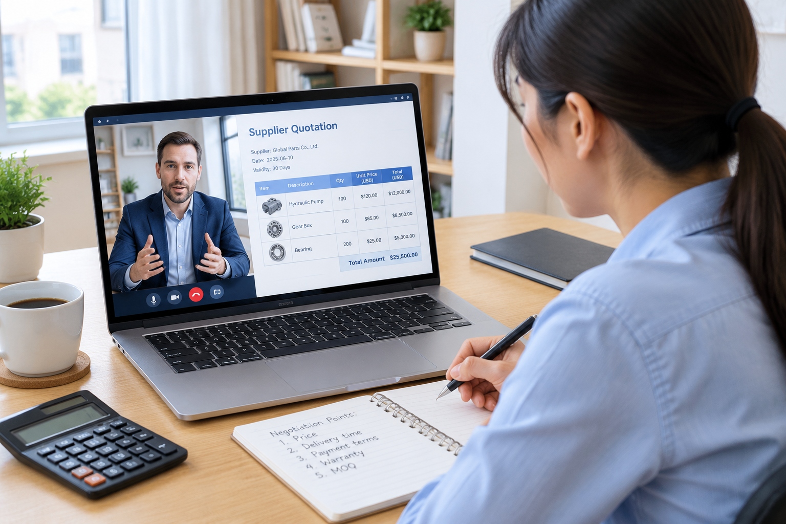 The Art of Negotiation with Chinese Suppliers: A Practical Guide for International Buyers 24 International buyer reviewing a Chinese supplier quotation during a video call with notes and a calculator