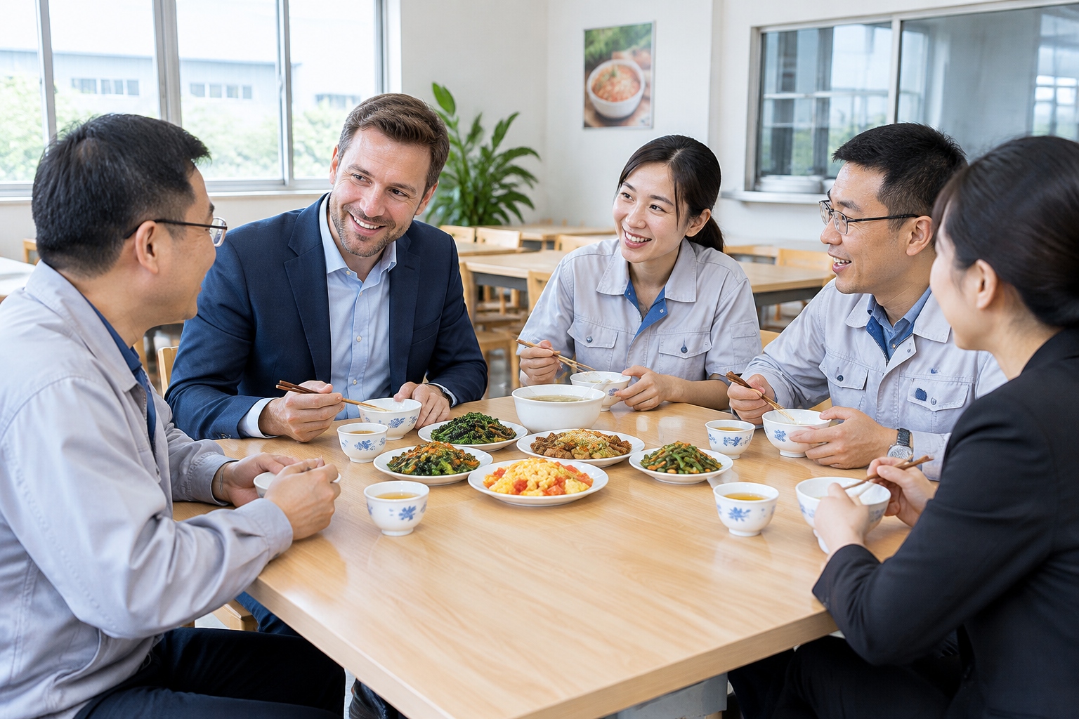 The Art of Negotiation with Chinese Suppliers: A Practical Guide for International Buyers 25 Foreign buyer having a simple working lunch with a Chinese supplier team in a factory canteen
