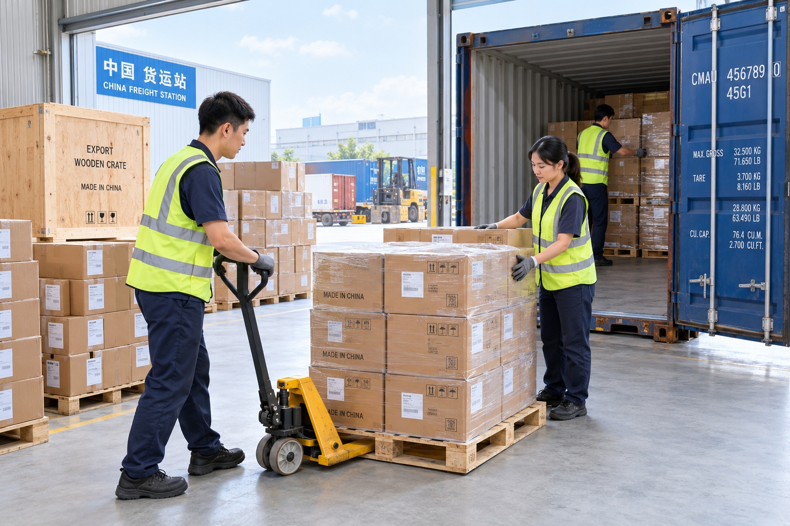 Loading consolidated LCL cartons into a shipping container at a Chinese freight warehouse