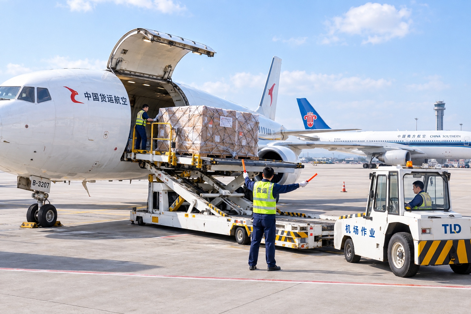 Workers loading air freight pallets onto an air cargo aircraft in China