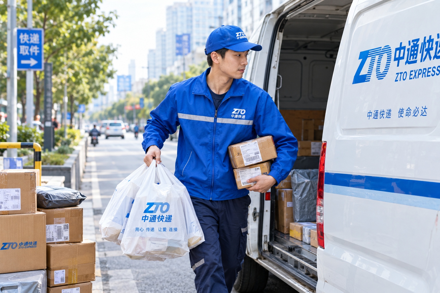 Express courier loading barcode-labeled small parcels into a delivery van in China