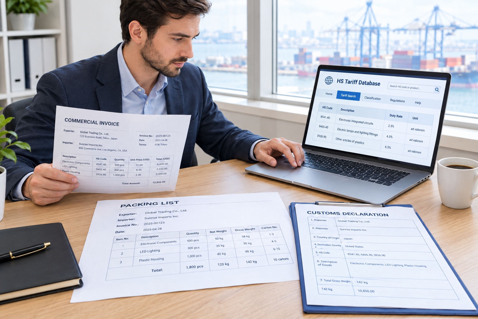 Commercial invoice, packing list and laptop showing HS tariff codes for customs clearance