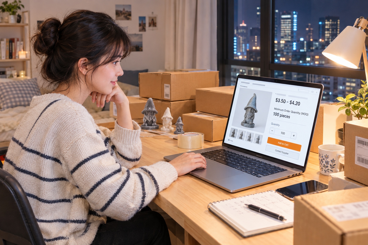 Small business owner looking at a minimum order quantity listing on a sourcing website late at night