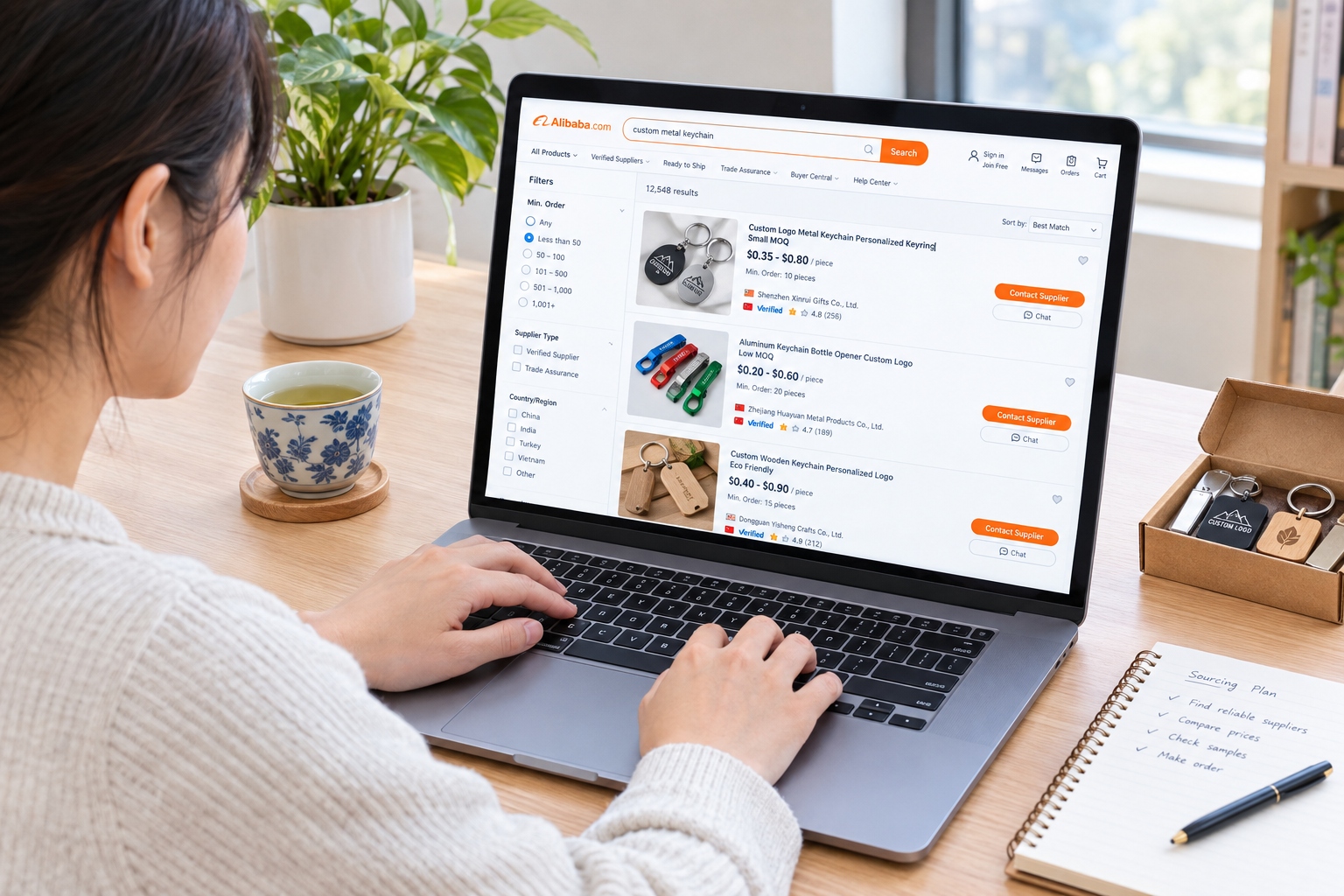 Shopper searching for low MOQ products on a wholesale platform with a minimum order filter set to small quantities