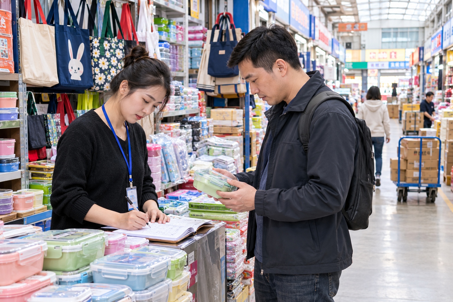 Buyer selecting ready-made goods in a Chinese wholesale market without custom order minimums
