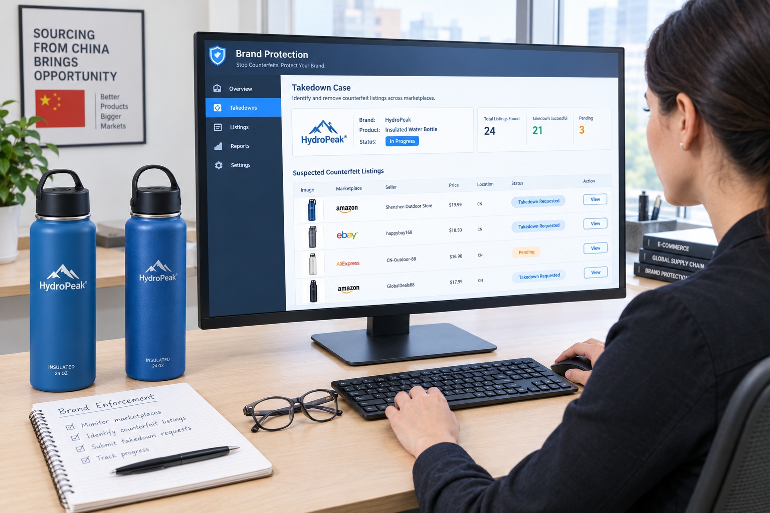 Intellectual Property Protection When Sourcing from China: What You Must Know 24 Brand owner submitting an e-commerce takedown complaint from an office desk