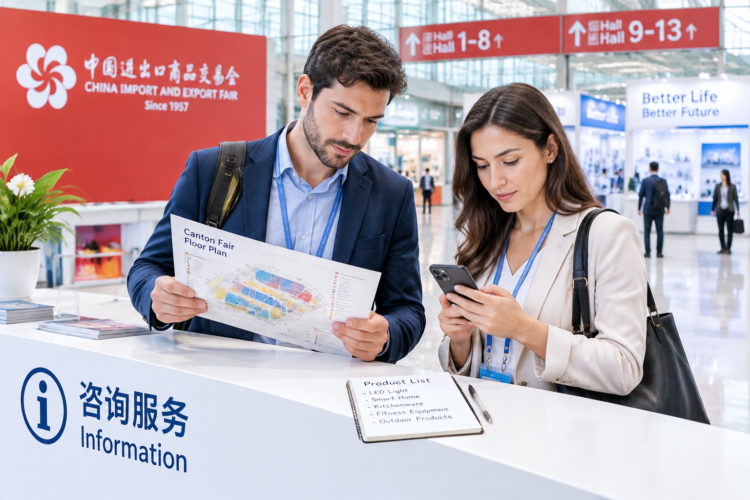 Two buyers checking a printed Canton Fair floor map and phone route planning