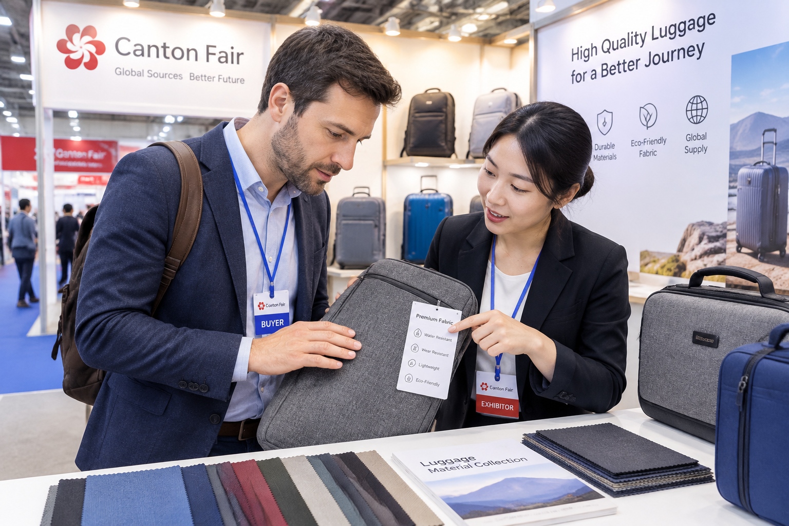 Buyer inspecting product sample material while exhibitor explains specifications at Canton Fair