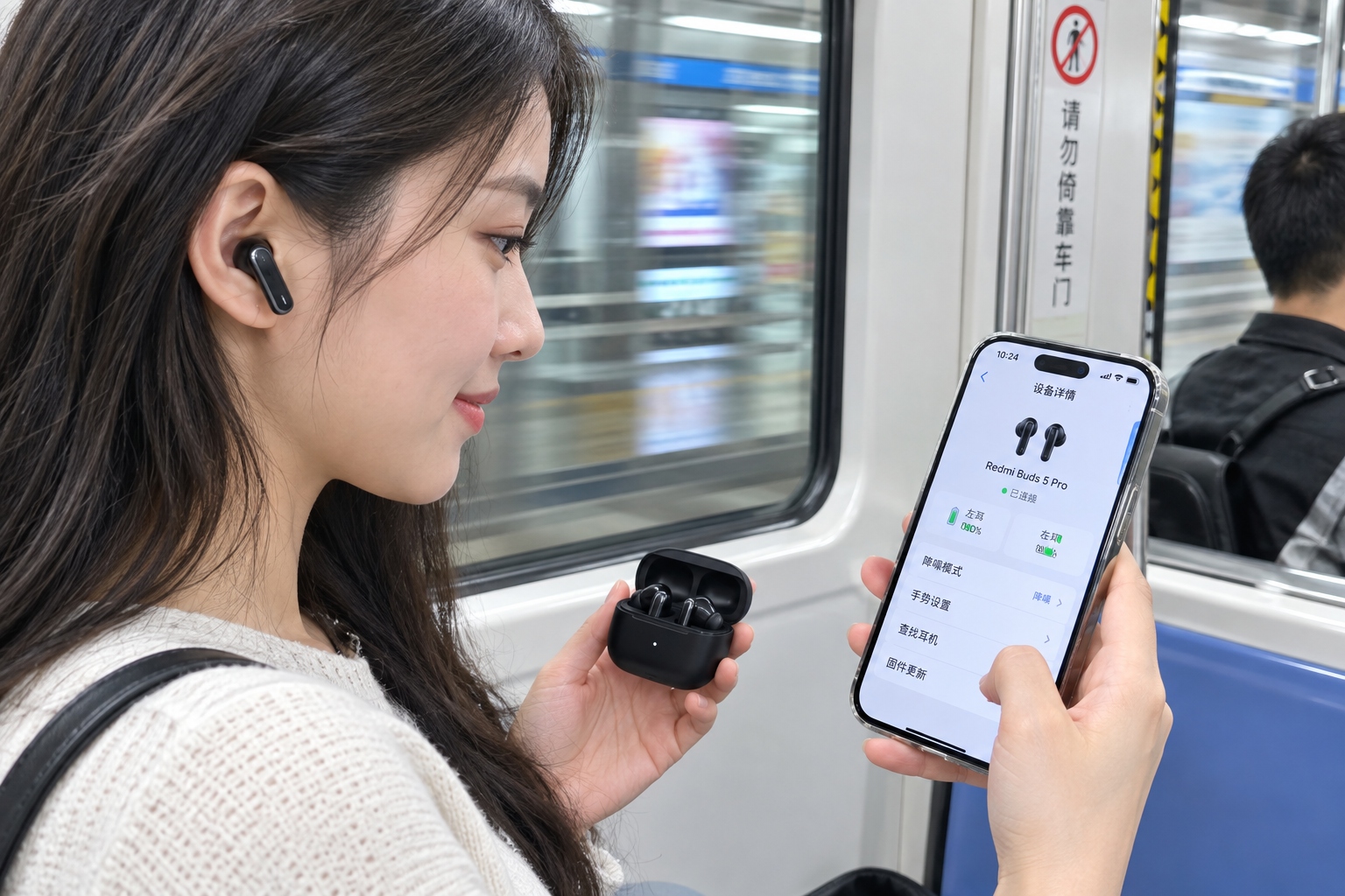 The Rise of Chinese Audio Brands: 1More, Edifier, and the Quest for Premium Sound 22 Commuter holding 1More wireless earbuds and charging case on the Shenzhen Metro